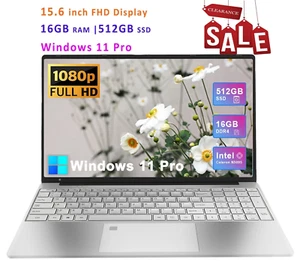 2025 15.6" FHD Laptop-16GB RAM 512GB SSD-Intel Celeron N5095-Windows11 Pro-BK-FP - Picture 1 of 7