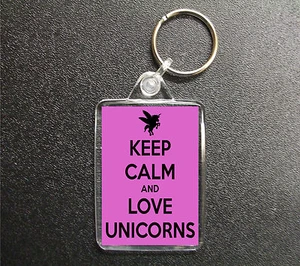 KEEP CALM AND LOVE UNICORNS PINK KEYRING BAG TAG FOB GIFT - Picture 1 of 1
