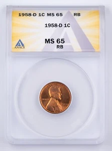 Certified 1958-D Lincoln Cent ANACS MS65 RB Wheat Penny 1c - Picture 1 of 4