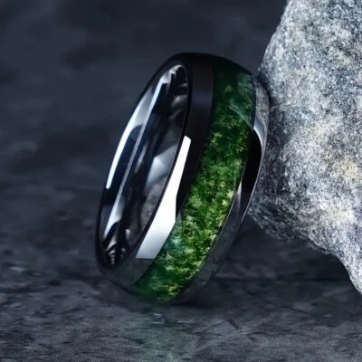 8MM Fashion Men Black Moss Green Stainless Steel Band Ring - Image 1 of 3