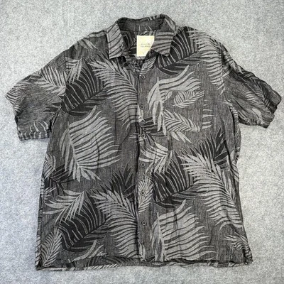 Tasso Elba Island Shirt Mens XL Black Gray Silk Linen Hawaiian Palm Print Camp - Image 1 of 4