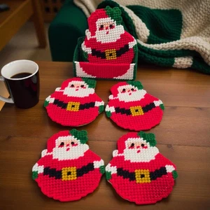 Set of 6 Vintage Handmade Plasticanvas Santa Claus Drink Coasters in Holder - Picture 1 of 7