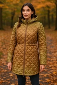 Athleta Whisper Parka Womens Small Quilted Hooded Jacket Coat Bronze Olive Ombré - Picture 1 of 13