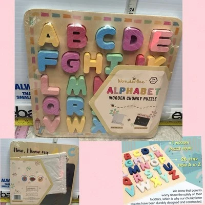Wooden Chunky Alphabet Puzzle Preschoolers WOOD ABC Blocks Pastel Learning ATL - Image 1 of 4