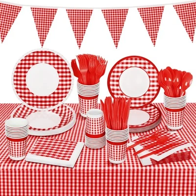146 Piece Red and White Plaid Gingham Party Supplies Tableware Set Disposable... - Image 1 of 4