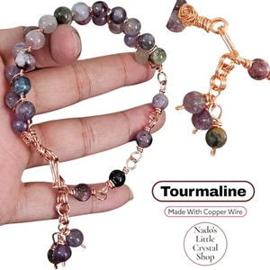 Tourmaline Crystal Half Bangle Made With Copper Wire 7.8mm Beads - Picture 1 of 7