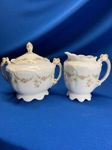 T & V LIMOGES FRANCE PINK ROSE GARLANDS CREAM PITCHER AND COVERED SUGAR BOWL - Picture 1 of 11