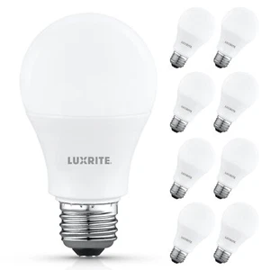 Luxrite A19 LED Light Bulb 9.5W=75W 3500K 1100LM E26 Damp Rated ETL 8-Pack - Picture 1 of 7