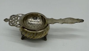 Antigua bolsa de té suelta coladora cesta plateada cuchara y tazón - Imagen 1 de 4