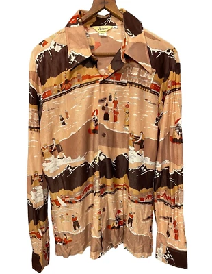 Винтажная мужская большая рубашка 70-х Hutspah диско воротник-бабочка горная вода - Изображение 1 из 4