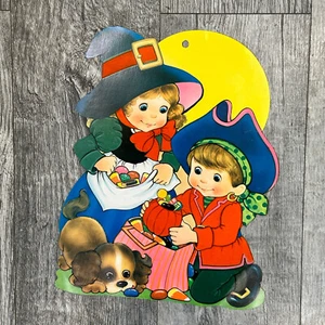 Vintage Halloween Die Cut Trick Treat Kids Wall Hanging Flocked Double Sided - Picture 1 of 10