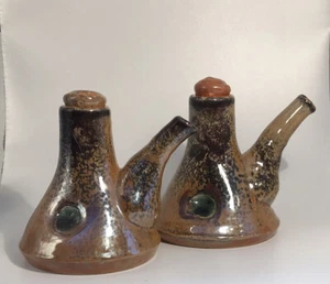 Hand Thrown Pottery Cruets. Oil. Vinegar. Sauce. Boho. Signed. Iridescent Glaze. - Picture 1 of 22