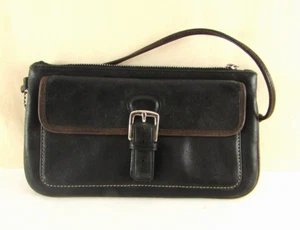Vintage Coach Black Leather Wristlet With Brown Trim - Picture 1 of 9