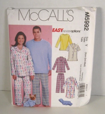 McCall's 5992 Misses, Men, Teen Tops, Nightshirt, Pants XS-M 29 1/2"-36" Pattern - Image 1 of 3