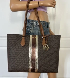 MICHAEL KORS SHEILA LG LAPTOP TOTE SHOULDER BAG MK BROWN CENTER STRIPE - Picture 1 of 13