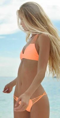 MIKOH Swimwear Bikini Set Banyans Top Lanai Bottoms New Neon Coral Swimsuit NWT - Image 1 of 4