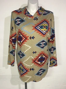BomBom Hoodie Shirt Womens L Aztec Western Stretchy Top Thin L/S Oversized - Picture 1 of 9