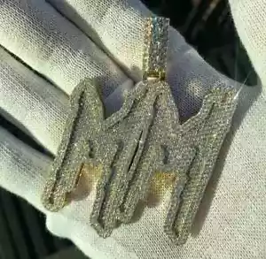 Round Lab Created Diamond Men Custom Double M Pendant Silver Yellow Gold Plated - Picture 1 of 7