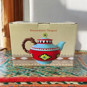 Cracker Barrel Teapot 30oz Southwestern Aztec Red Orange Blue Yellow Stoneware - Picture 1 of 16