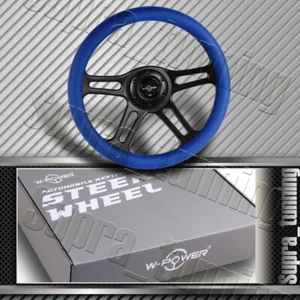 W-Power 14" 350MM 6-Hole Steering Wheel Blue Leather Grip Black Vintage 4-Spoke - Picture 1 of 5