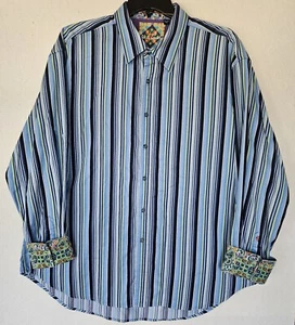 Men Robert Graham Shirt 3XL Blue Green Striped Long Sleeve Button Down Flip Cuff - Picture 1 of 6