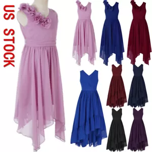 Abito da damigella d'onore per bambini orlo asimmetrico abito in chiffon matrimonio fiori ragazza - Foto 1 di 54