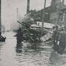 Ohio Dayton 1913 Great Flood Street Scene Saving Men Boat Litho Stereoview B399
