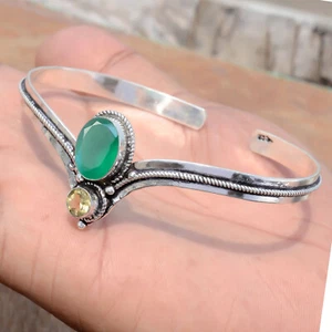 Green Onyx & Citrine Topaz Gemstone Bangle 925 Sterling Silver Stylish Bracelet - Picture 1 of 4