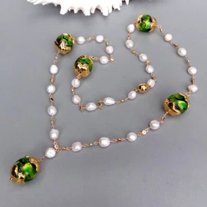Cultured White Baroque Pearl Cz Pave Rosary Chain Green Murano Glass Necklace - Picture 1 of 6