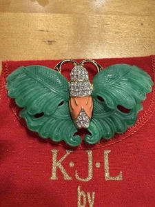KJL Kenneth Lane Schmetterling Motte Brosche Anstecknadel Vintage Faux Jade Strass #3308 - Bild 1 von 8
