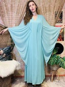 Vintage 1970s Maxi Dress Flared Angel Sleeve Floaty Layered Hippie Dress Blue 14 - Picture 1 of 8