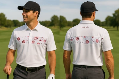 Travis Mathew Men’s Polo Large  White Red Chest Band Performance Golf Shirt Foto 1 de 2