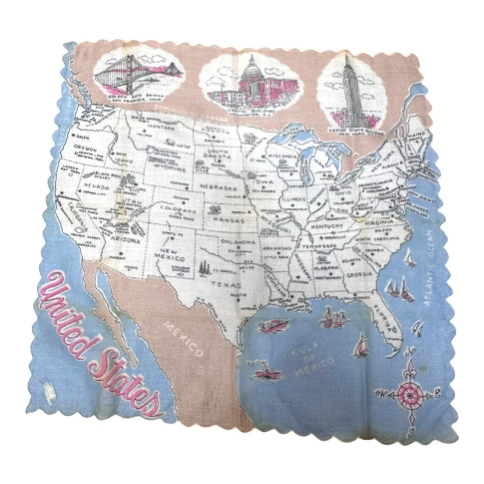 Pañuelo Mapa Estados Unidos Franshaw Años 50 Mapa de Estados Unidos Hanky 48 Estado LEER Foto 1 de 4