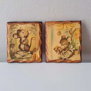70er Decoupage Cartoon Mäuse Holz Plaketten 3 7/8"x3,25"  - Bild 1 von 9