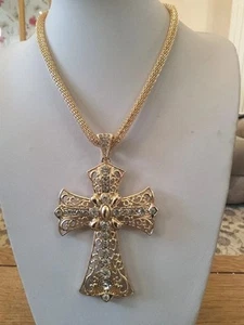 Brand new Huge Gold Tone Filligree Cross Pendant With Clear Crystals - Picture 1 of 5