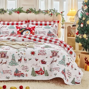 3-teiliges Weihnachts-Quilt-Set King, klassischer Weihnachtsmann Rentier rot und weiß wendbar Xma - Bild 1 von 12