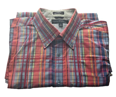 Camisa TOMMY HILFIGER Años 80 2 Capas Tela Naranja Multicolor Rayas Botón SS Talla Lg Foto 1 de 4