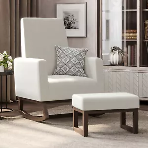 Rocking Chair Upholstered Fabric/ Faux Leather High Back Armchair W/ Ottoman - Picture 1 of 31