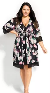 CITY CHIC MWT 14 KYLEY women's floral wrap robe flowers nightgown lace black - Picture 1 of 4