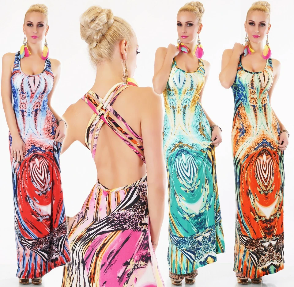 Damen Maxi Kleid Lang Sexy Rücken Sommer Strand Bodenlang Bedruckt 34-38 - Bild 1 von 4