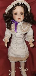 ANTIQUE STYLE 12" DOLL WIDE EYE VICTORIAN CARMELA BROCADE DRESS SATIN TRIM - Picture 1 of 5