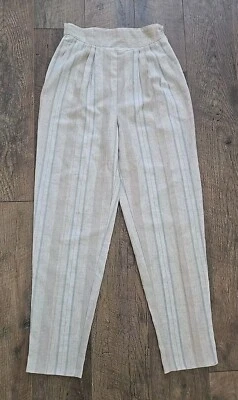 VTG High Waist Pleated Pants Size S Striped Beige Tan Blue Pockets Tapered Leg - Image 1 of 4