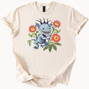 Blue Monster Flowers Tee Cute Creature Graphic TShirt Art Top - Picture 1 of 6