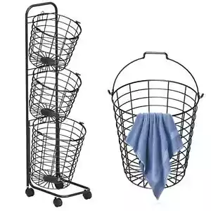 YOUPINS 3 Tier Metal Rolling Laundry Cart, Large Capacity Wire Basket with 360 D - Picture 1 of 9