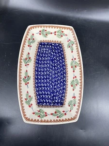 Boleslawiec Polish Pottery Rectangle Serving Dish Holly Berry Brown Blue Star 37 - Picture 1 of 6