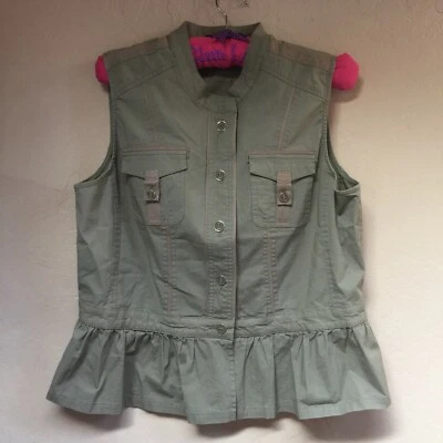 Top/chaleco tribal para mujer con botones delanteros sin mangas grande verde oliva con volantes dobladillo Foto 1 de 4