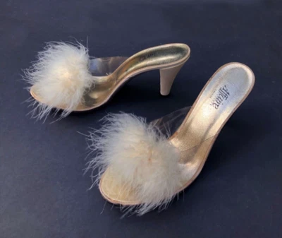 Años 60 Raro Sexy Vintage Marfil Marabú Pluma Ver a través de Tacones Sin Cordones Mules Pequeños Foto 1 de 4