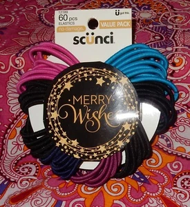 SCUNCI MERRY WISHES 60 HAIR ELASTICS BLUE PINK HOLIDAY - Picture 1 of 2