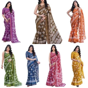 Sari estampado geométrico de mezcla de algodón con pieza blusa sin costuras - Imagen 1 de 54