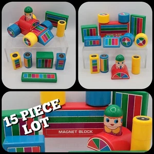 Vintage 1980s Hilco Magnetic Building Blocks Toy 15 Piece Lot / Car + Person VG* - Picture 1 of 13